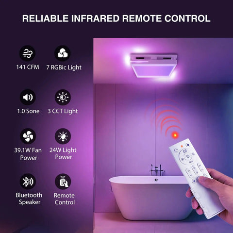 Quiet Bathroom Exhaust Fan With Dope LED Light Ceiling Mount Ventilation For Home And Bath Energy Efficient 110 CFM shown with remote