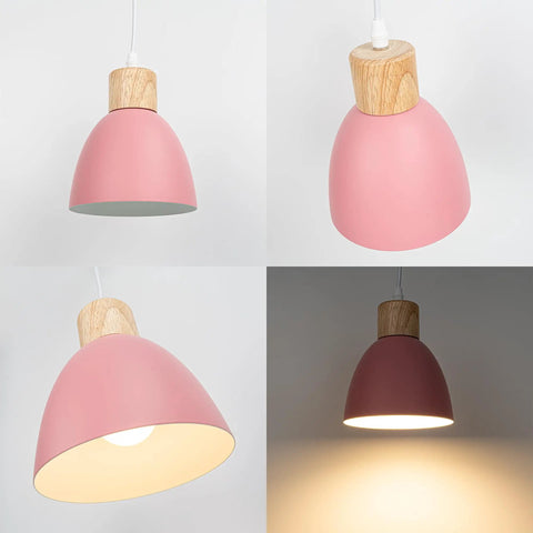 Kiven Instant Light Conversion Kit for 4/5/6inch Hole, Metal Farmhouse Lighting with pink shade and wooden top design.