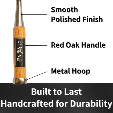Classic Japanese Mortise Chisel 12mm Half Inch Oire Nomi For Woodworking with polished red oak handle and metal hoop detail.