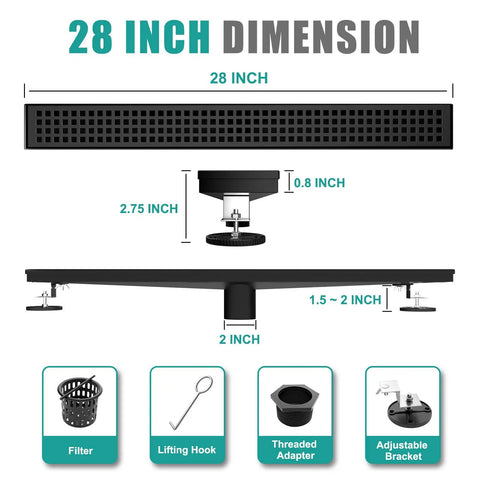 28 Inch Linear Shower Drain In Matte Black With Rectangular Floor Design, Removable Square Hole Cover And Hair Catcher, Dimensions View