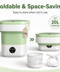 Road Ready Foldable Mini Washing Machine, 20 Liter Capacity, shown in matte green with collapsible design and accessories.
