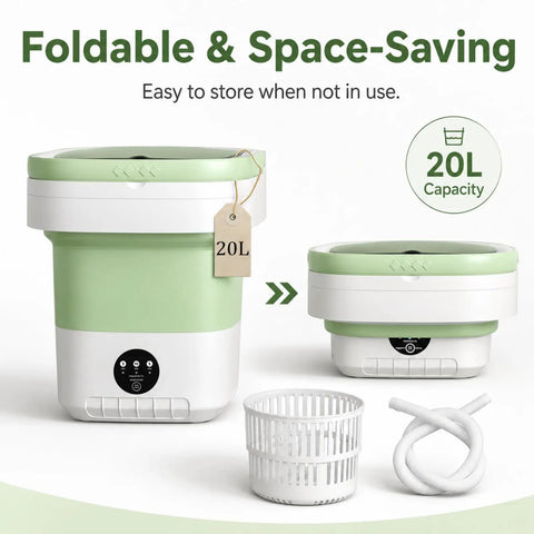 Road Ready Foldable Mini Washing Machine, 20 Liter Capacity, shown in matte green with collapsible design and accessories.
