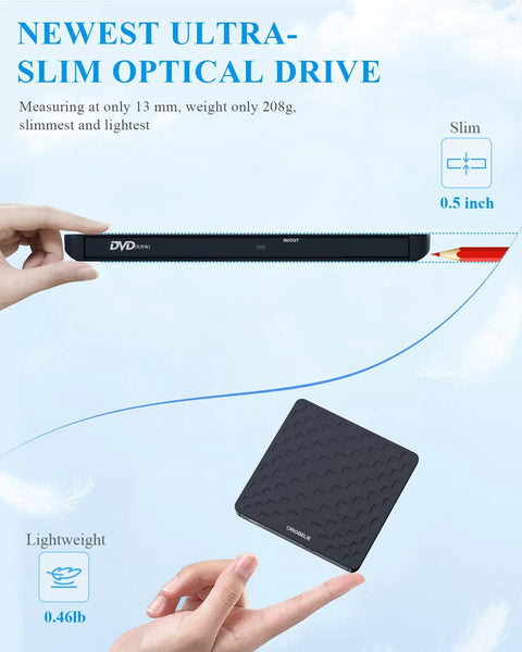 External CD DVD Drive For Laptops USB 3 Type C Plug And Play Portable Optical Drive No Driver Required USB Powered 13mm Slim DVD Player Compatible With Windows Mac Linux Travel Friendly, 13mm slim black drive