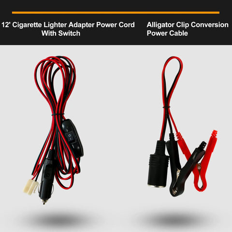 12V Gas And Diesel Fuel Transfer Pump Delivers Up To 30 Gallons Per Hour With A 6-Foot Lift Includes 11.5-Foot Cigarette-Lighter Power Cord And 11.8-Inch Alligator Clip Cable Perfect For Cars Boats RVs UTVs And Gear, showing power cord and alligator clip cable