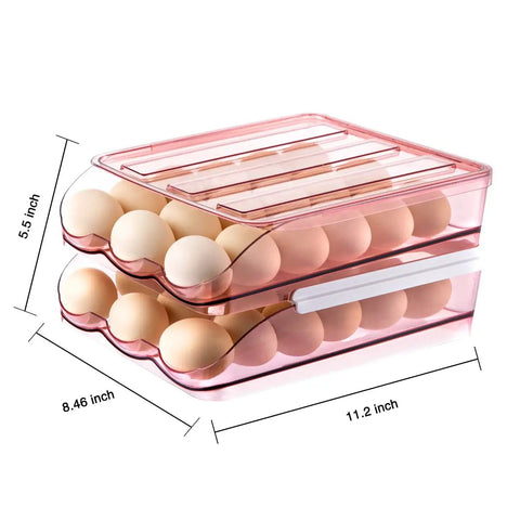 Clear Pink Egg Storage Bin For Fridge With Lid 2 Layer Stackable Egg Organizer 36 Count Dispenser Auto Rolling Egg Holder
