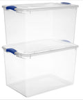 Heavy Duty SixtySix Quart Clear Plastic Storage Bins Two Pack With Blue Latch Lids stacked, clear plastic, 24x16x13 inches.