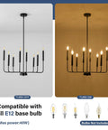 8-Light Modern Black Farmhouse Chandelier with Industrial Metal Arms and Candle-Style Cups, turned on and off