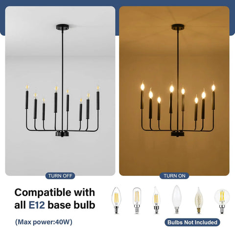 8-Light Modern Black Farmhouse Chandelier with Industrial Metal Arms and Candle-Style Cups, turned on and off