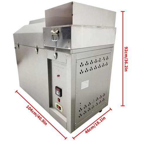 Heavy Duty Electric Coffee Roaster Commercial Bean Roasting Machine For Nuts Peanuts And Chestnuts With Precision Heat Control No Fuss Operation, stainless steel design, dimensions 104cm x 46cm x 92cm.