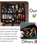 Person holding All In One Leather Working Kit For DIY Fans With Storage Bag Pro Grade Stitching Tools Groover Prong Punch Waxed Thread In 10 Colors Stamps Thimbles Finger Cots And Scissors For Easy Craft Making And Punching, open to display contents.