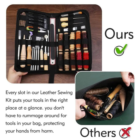 Person holding All In One Leather Working Kit For DIY Fans With Storage Bag Pro Grade Stitching Tools Groover Prong Punch Waxed Thread In 10 Colors Stamps Thimbles Finger Cots And Scissors For Easy Craft Making And Punching, open to display contents.