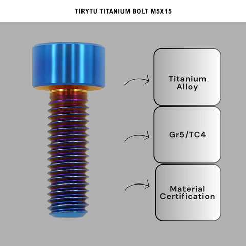 Burnt blue titanium bolt M5x15 with hex socket head, rainbow anodized finish