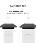 Diagram showing 3.5x3.5 inch and 3.7x3.7 inch solar post cap lights for 4x4 wood posts, featuring size suitability.