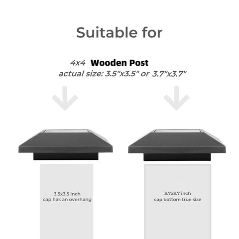 Diagram showing 3.5x3.5 inch and 3.7x3.7 inch solar post cap lights for 4x4 wood posts, featuring size suitability.