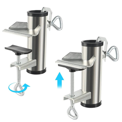 Two Pack Heavy Duty Umbrella Clamp Galvanized Steel Adjustable Deck Mount For Patio Balcony Railing, showing clamping mechanism