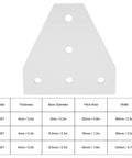 Dimensions chart and image of 4 Pack T Shape Joining Plate for Aluminum Extrusion Frames, 5 Hole Heavy Duty Corner Bracket for 2020 3030 4040 Profiles