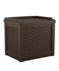 Java Resin 22 Gallon Outdoor Deck Box Weatherproof Storage Bin with woven panel design for cushions tools towels and pool gear