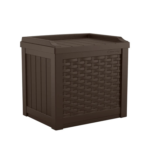 Java Resin 22 Gallon Outdoor Deck Box Weatherproof Storage Bin with woven panel design for cushions tools towels and pool gear