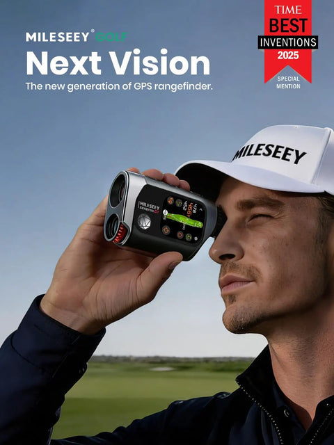 Man using GenePro G1 Touchscreen GPS Rangefinder With Slope And 43,000 Plus Preloaded Courses on a golf course.