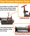 Built Tough Electric Pipe Threader Machine Cuts And Threads Half To Three Inch Steel Pipes With A Muscle Packed Seven Five Zero Watt Motor For Zero Hassle Plumbing Jobs And Rock Solid Job Site Performance, showing parts like cutting knife and chuck.