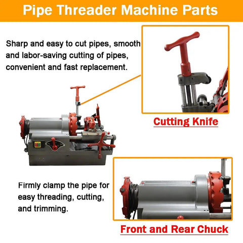 Built Tough Electric Pipe Threader Machine Cuts And Threads Half To Three Inch Steel Pipes With A Muscle Packed Seven Five Zero Watt Motor For Zero Hassle Plumbing Jobs And Rock Solid Job Site Performance, showing parts like cutting knife and chuck.