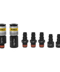 7-piece DeWalt high-flow 1/4 in NPT couplers and plugs set; black fittings with orange seals