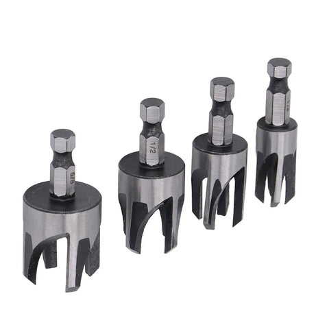 Top Tier Carbon Steel Tapered Plug Cutter Set Of Four With Hex Shank Handles Standard Size Variations For Dead On Woodworking Alignments