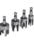 No Sweat Wood Dowel Drill Set With Tapered Plug Cutter Bits Slick Hex Shaft Claw Design for quick furniture repair, 4 sizes.