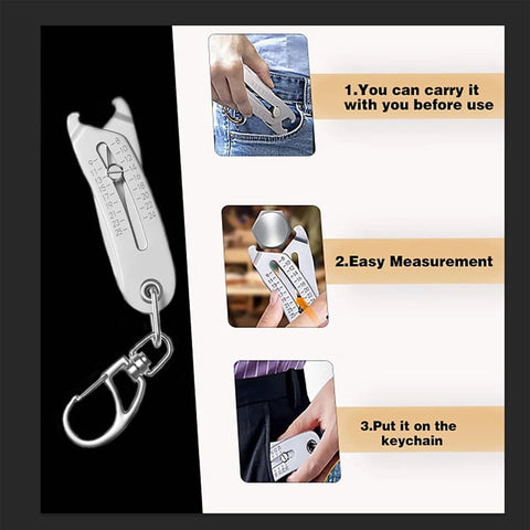 Acouza two-piece portable thread gauge keychain with vernier calipers, silver, side view on a keyring