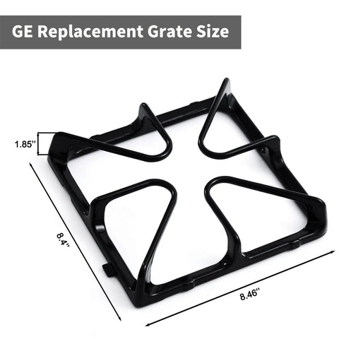 Replacement GE Stove Top Grates 8.4 x 8.46 Inches Cast Iron Matte Enamel 4 Pack with dimensions shown