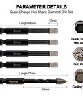 Front view of SHDIATOOL dry diamond drill bit set: four 6mm tile core bits and one 6mm carbide bit for ceramic.
