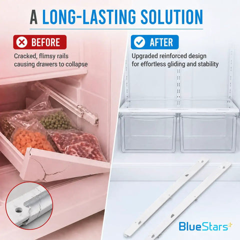 Comparison image showing before and after using Left And Right Refrigerator Drawer Slide Rails Replacement Kit For Kenmore And Frigidaire.