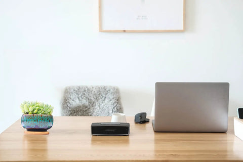 Desk with a laptop, five pack cute ceramic succulent planters with drainage and attached saucers, round 4x2 inches
