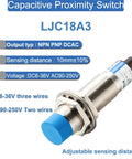 Capacitive Proximity Sensor Switch 6-36V DC Three-Wire NPN PNP NO NC 10mm Sensing Distance, metal housing with blue cap