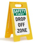 Drop Off Zone Floor Sign 25 By 12 Inches Two Sided Folding A Frame Tough As Nails Durable Polypropylene Plastic Double Sided Visibility Easy Carry Handle Digitally Printed Made In USA yellow A-frame safety first drop off zone sign