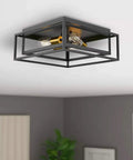 Three Light Black Square Flush Mount Ceiling Fixture With Double Frame Cages Sleek Dope Look Close To Ceiling Lighting For Bedroom Kitchen Dining Room Fully Dimmable With 60W Bulbs Sold Separately