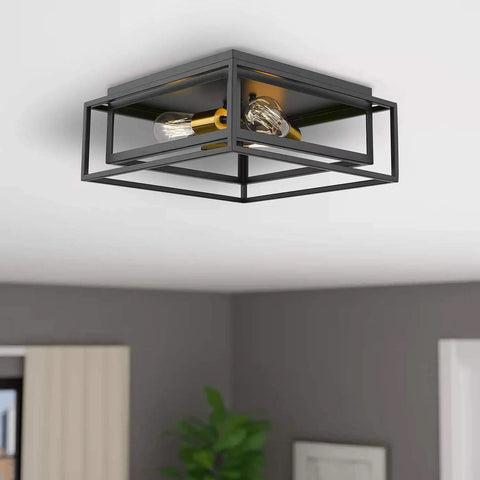 Three Light Black Square Flush Mount Ceiling Fixture With Double Frame Cages Sleek Dope Look Close To Ceiling Lighting For Bedroom Kitchen Dining Room Fully Dimmable With 60W Bulbs Sold Separately