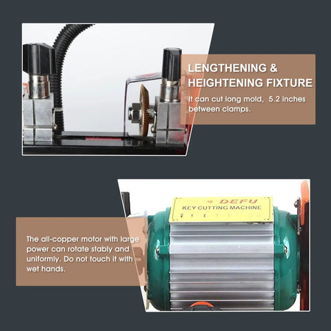 110V Automatic Key Duplicating Machine With Precision Micro Adjust, 5.2 clamp span detail, copper motor visible