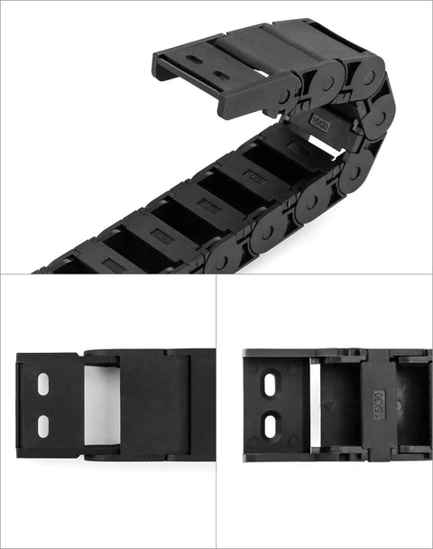Beefy Semi Enclosed Drag Chain Cable Carrier 4 Pack 1 Meter Length With End Connectors Black R28 Radius 15mm By 30mm Inner Size