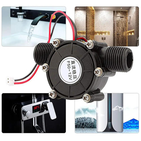 Micro Hydroturbine Water Turbine Generator for DC 12V Power shown with water flow and small battery charging setup.