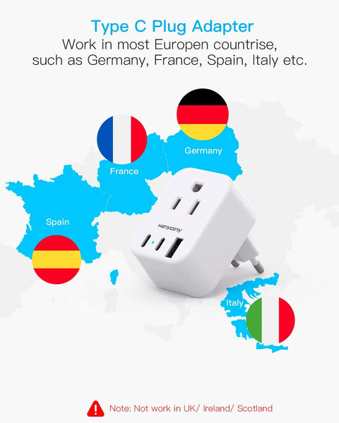 HANYCONY white Type-C travel plug adapter with 2 outlets and 3 USB ports (USB-C)