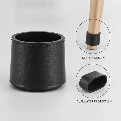 Slip On Round Chair Leg Floor Protectors For Hardwood Floors With Black PU Leather Cushioned Glide Pads showing slip-on design