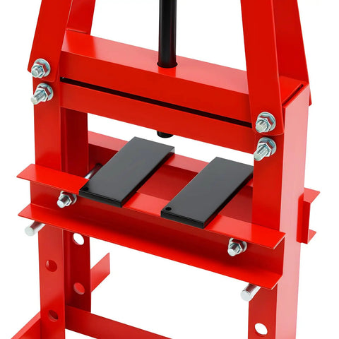 Rock Solid 6 Ton Hydraulic Shop Press With Plates Garage Workhorse Straight Up Engineered For Auto Repair 5.12 Inch Stroke close-up of steel press plates.