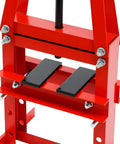 6 Ton Hydraulic A Frame Shop Press Heavy Duty Adjustable Garage Heavy Lifter Built Like A Tank With No Sweat Adjustments For Real World Auto Repair Metal Forming Jobs In Classic Red close-up of adjustable pressing plates and frame