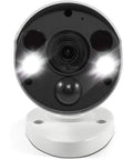 Close-up of Add On 4K Ultra HD Bullet Security Camera With Sensor Spotlight For Indoor Or Outdoor Use, lens and lights visible