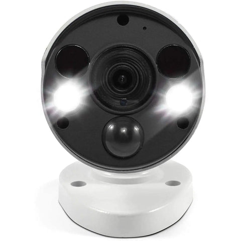 Close-up of Add On 4K Ultra HD Bullet Security Camera With Sensor Spotlight For Indoor Or Outdoor Use, lens and lights visible
