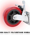 Top Notch Four Pack Adjustable Leveling Scaffolding Wheels With Rock Solid Screw Jack Base Feet For Tubular Frames Heavy Duty Ball Bearing Rolling Casters close-up of red polyurethane wheel with lock lever.