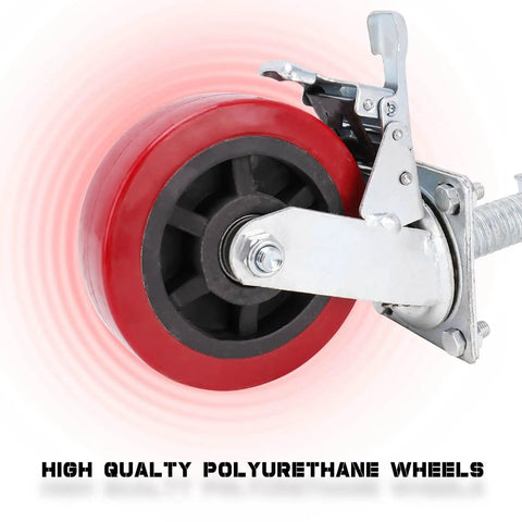 Top Notch Four Pack Adjustable Leveling Scaffolding Wheels With Rock Solid Screw Jack Base Feet For Tubular Frames Heavy Duty Ball Bearing Rolling Casters close-up of red polyurethane wheel with lock lever.