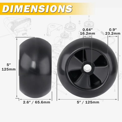 All Day Long 4 Pack Lawn Mower Deck Wheels Anti Scalp Gauge Rollers 5 Inch Diameter 5/8 Inch Bore Roll Smooth Heavy Duty Polypropylene Replacement For Turf Titans