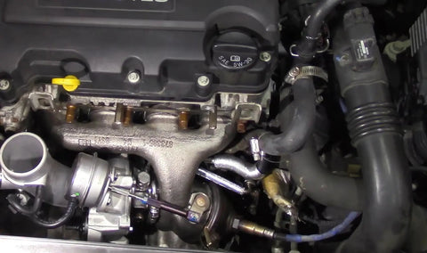 Turbo Oil Return Drain Line And Oil Feed Pipe Kit For Chevy Cruze Sonic Trax Buick Encore 1.4L Turbo Engine installed view.